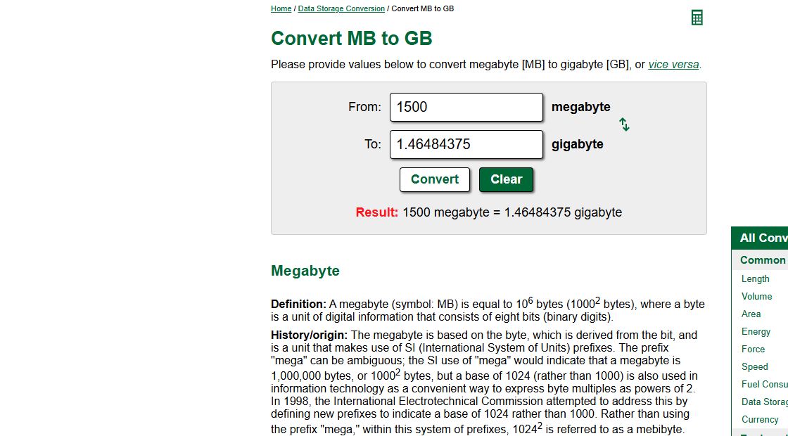 UnitConverters.netへ1500MBを入力し、1.46484375GBと表示された画面