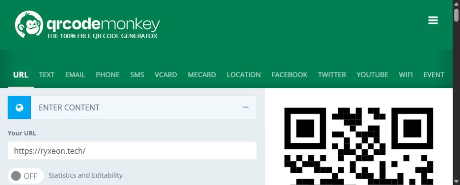 QRCode Monkeyにhttps://ryxeon.tech/を入力し、右側にQRコードのプレビューが生成された画面