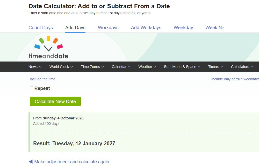 timeanddate.comの日付計算機で2026年10月4日に100日を加え、結果が2027年1月12日と表示された画面