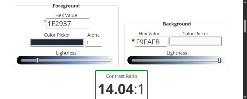 WebAIM Contrast Checkerに前景色1F2937と背景色F9FAFBを入力し、コントラスト比14.04対1と表示された画面