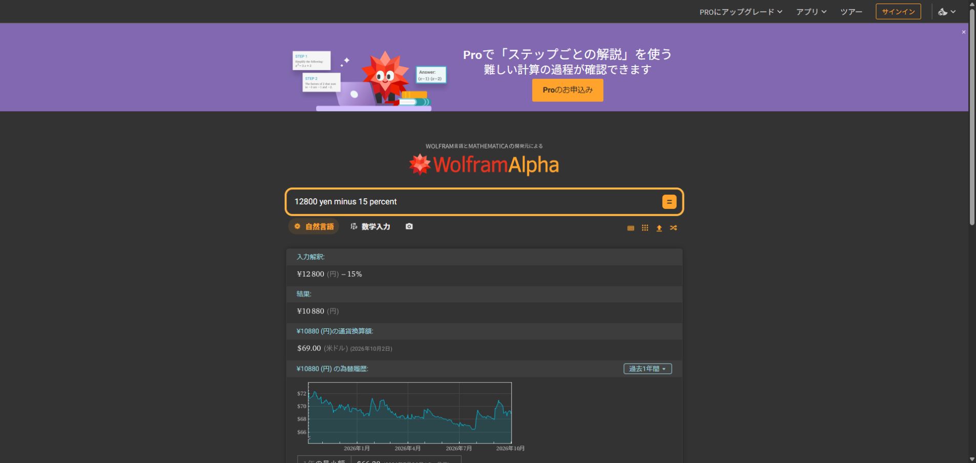 WolframAlphaに12800 yen minus 15 percentと入力し、結果10,880円が表示された画面